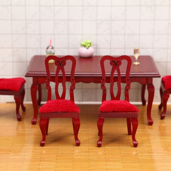 Miniatuur houten tafel en stoelenset voor poppenhuis, rood