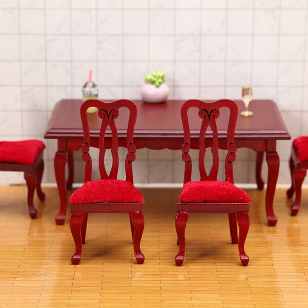 Miniatuur houten tafel en stoelenset voor poppenhuis, rood