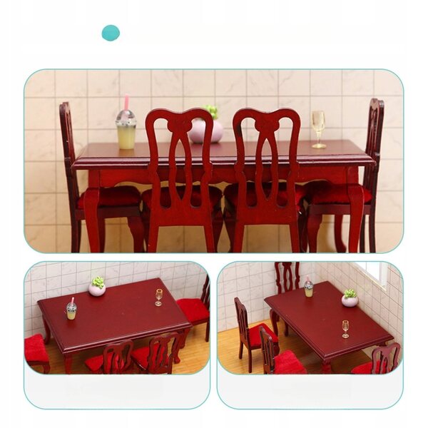 Miniatuur houten tafel en stoelenset voor poppenhuis, rood