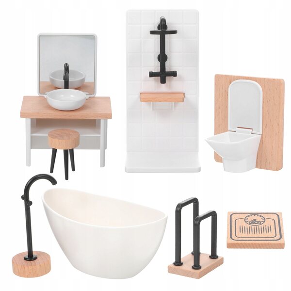 Set Bagno Miniatura per Casa delle Bambole con Vasca, WC e Accessori in Legno