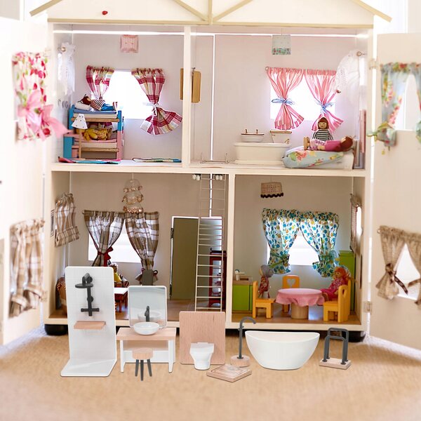 Set Bagno Miniatura per Casa delle Bambole con Vasca, WC e Accessori in Legno