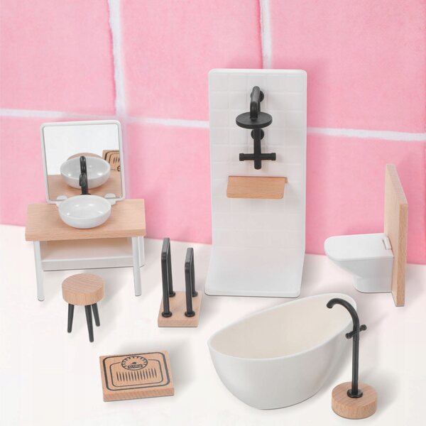 Set Bagno Miniatura per Casa delle Bambole con Vasca, WC e Accessori in Legno