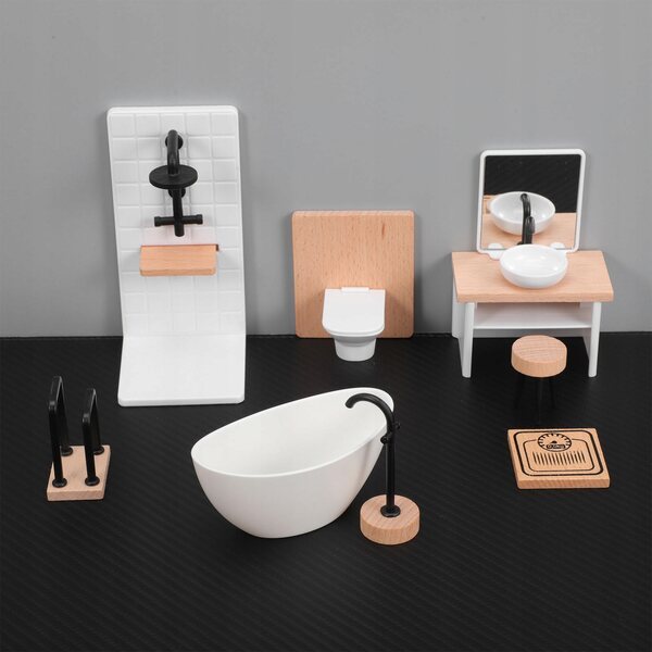 Set Bagno Miniatura per Casa delle Bambole con Vasca, WC e Accessori in Legno