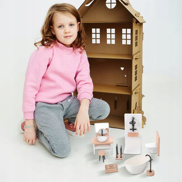 Set Bagno Miniatura per Casa delle Bambole con Vasca, WC e Accessori in Legno