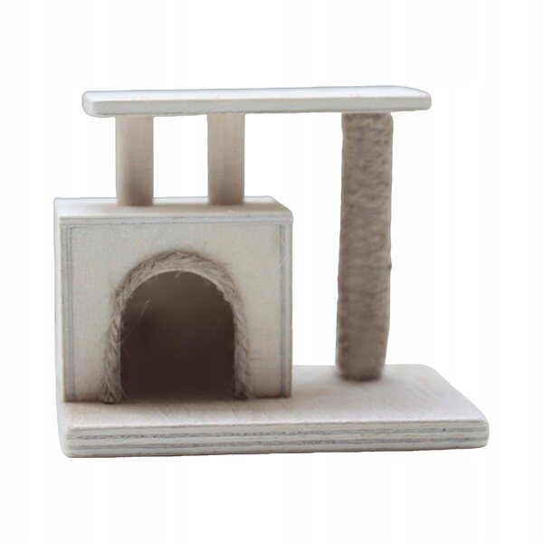Ein hölzernes Puppenhaus mit Mini-Katzenspielplatz im Maßstab 1:12