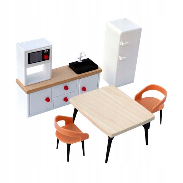 Куклена къща Миниатюрен комплект мебели с маса и столове 1/12 Бяло