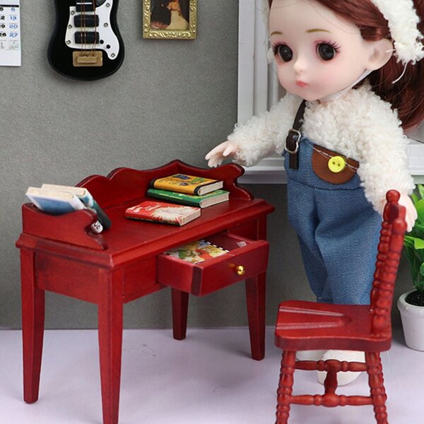 Set Mini Mobili in Legno Rosso per Casa delle Bambole - Tavolo e Sedie