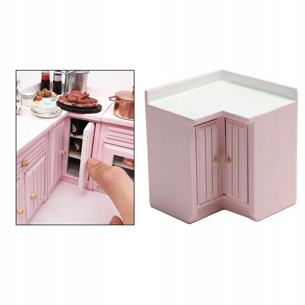 Puppenhaus-Eckschrank 1:12 Rosa Puppenhaus-Küchenschrank aus Holz