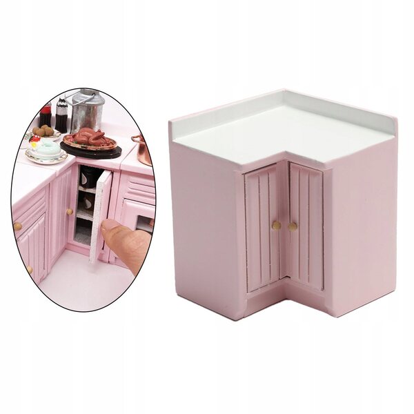 Puppenhaus-Eckschrank 1:12 Rosa Puppenhaus-Küchenschrank aus Holz