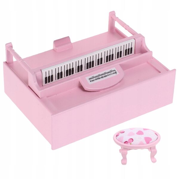 Miniaturopianoforte rosa con sgabello per casa delle bambole in legno compatto