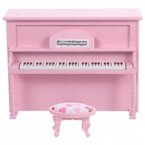 Mini piano rose avec tabouret pour maison de poupée en bois compact