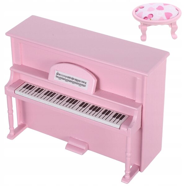 Mini piano rose avec tabouret pour maison de poupée en bois compact