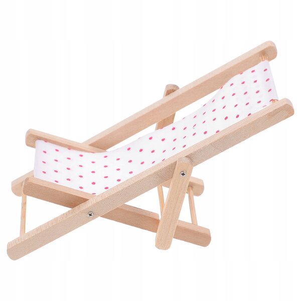 Mini lettino da spiaggia rosa in legno e tessuto per decorare una mini casa
