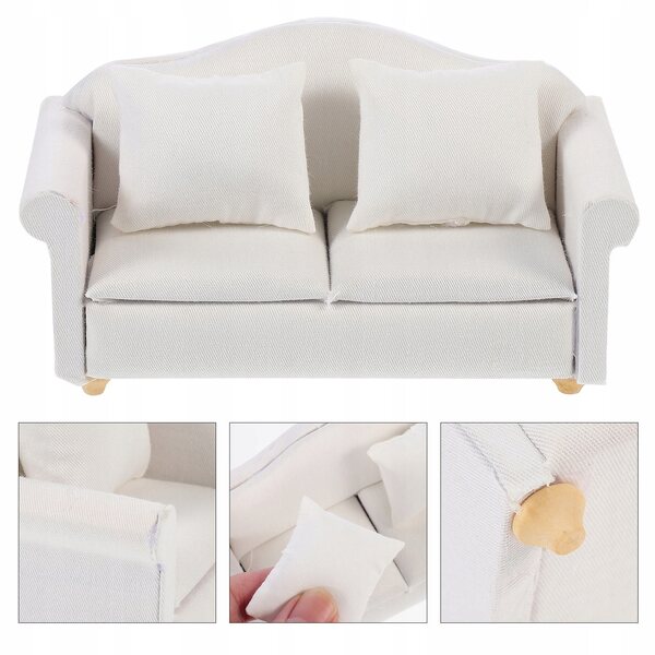 Mini sofa bianca in legno e cotone per decorazioni e giochi educativi 13.5cm