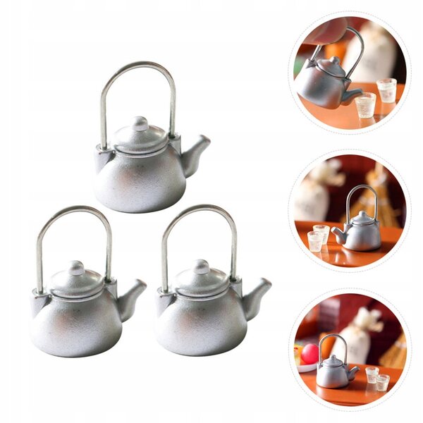 Set 3 Miniature Teiere Argento per Arredamento Casa delle Bambole