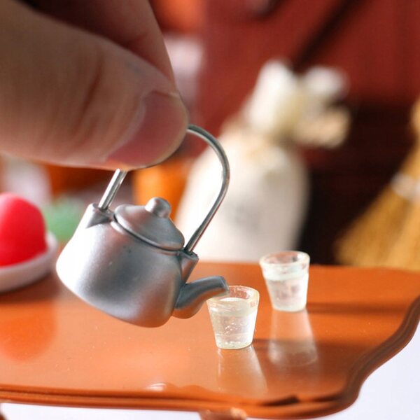 Set 3 Miniature Teiere Argento per Arredamento Casa delle Bambole