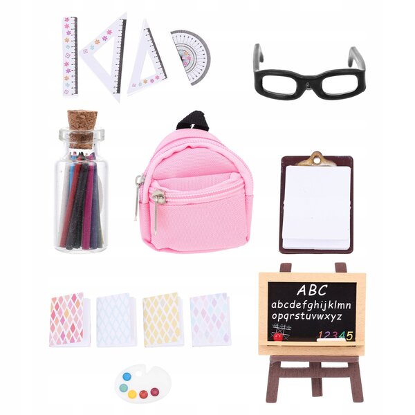 Mini zaino scolastico in legno e plastica per casa delle bambole, decorativo e sicuro