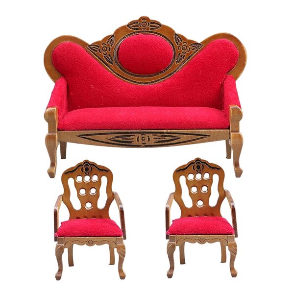 Set di divani rossi miniatura per casa delle bambole scala 1/12 in legno