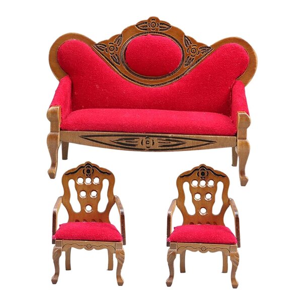 Set di divani rossi miniatura per casa delle bambole scala 1/12 in legno