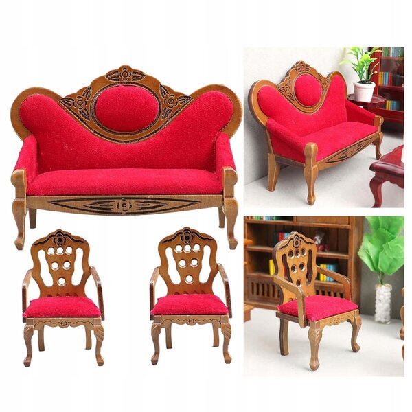Set di divani rossi miniatura per casa delle bambole scala 1/12 in legno