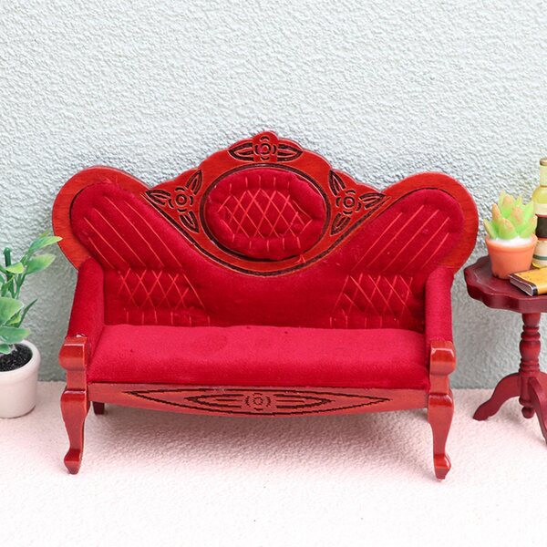 Sofa Miniatura in Legno per Casa delle Bambole 1/12 Vintage Rosso Scuro