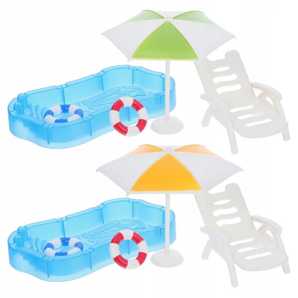 Miniature sæt dukkehus med swimmingpool, stole og parasol