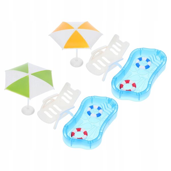 Miniature sæt dukkehus med swimmingpool, stole og parasol