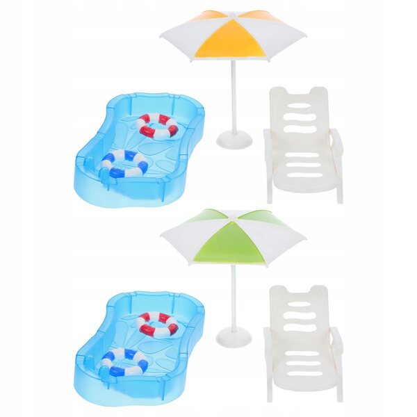 Miniature sæt dukkehus med swimmingpool, stole og parasol