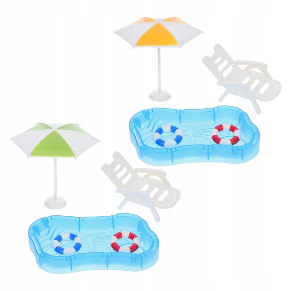 Miniature sæt dukkehus med swimmingpool, stole og parasol
