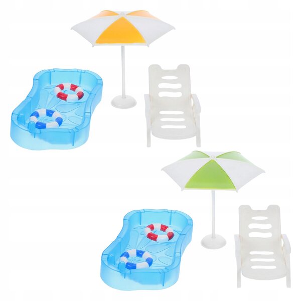 Miniature sæt dukkehus med swimmingpool, stole og parasol