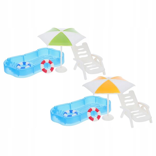 Miniature sæt dukkehus med swimmingpool, stole og parasol