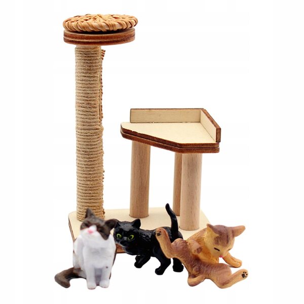 Miniatura 1:12 Torre Arrampicata per Gatti in Legno con Tre Statue per Bambole e Diorami