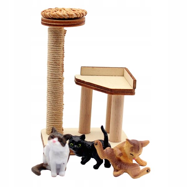 Miniatura 1:12 Torre Arrampicata per Gatti in Legno con Tre Statue per Bambole e Diorami