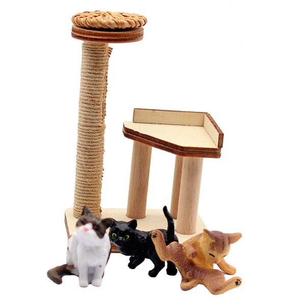 Miniatura 1:12 Torre Arrampicata per Gatti in Legno con Tre Statue per Bambole e Diorami