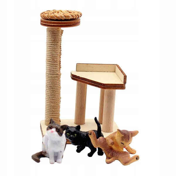 Miniatura 1:12 Torre Arrampicata per Gatti in Legno con Tre Statue per Bambole e Diorami