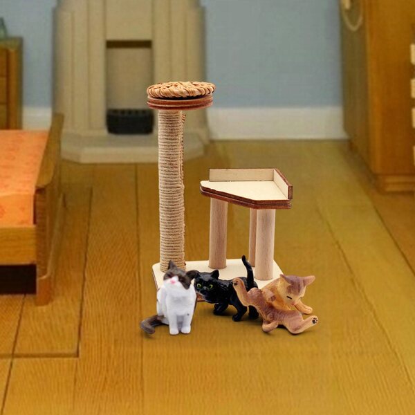 Miniatura 1:12 Torre Arrampicata per Gatti in Legno con Tre Statue per Bambole e Diorami