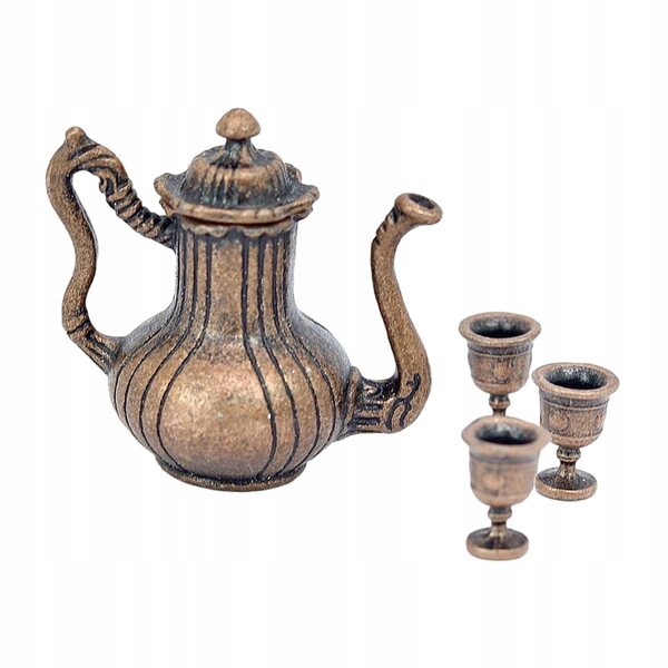 1:12 Miniatur-Set mit Teekanne und 3 Metallbechern für Dioramen und Modellbau