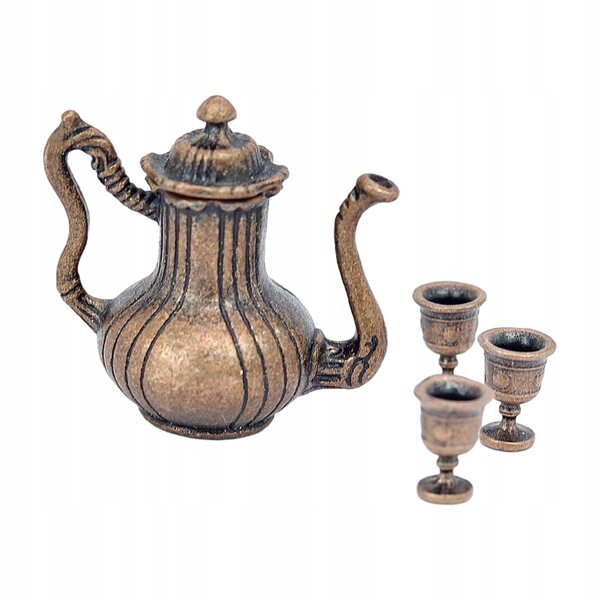 1:12 Miniatur-Set mit Teekanne und 3 Metallbechern für Dioramen und Modellbau