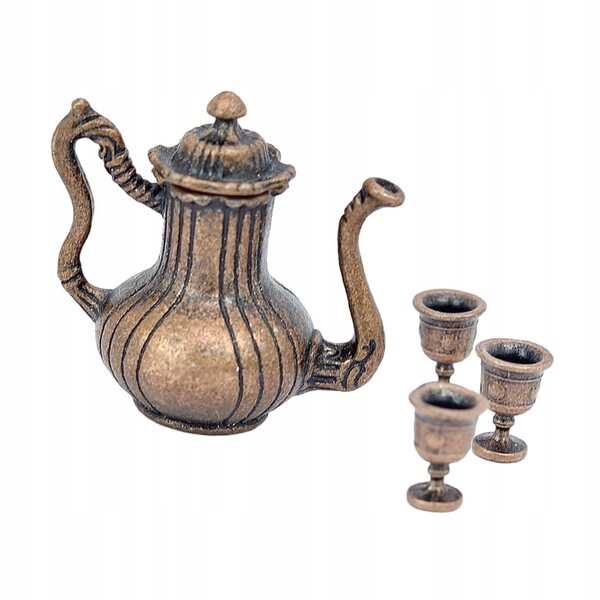 1:12 Miniatur-Set mit Teekanne und 3 Metallbechern für Dioramen und Modellbau