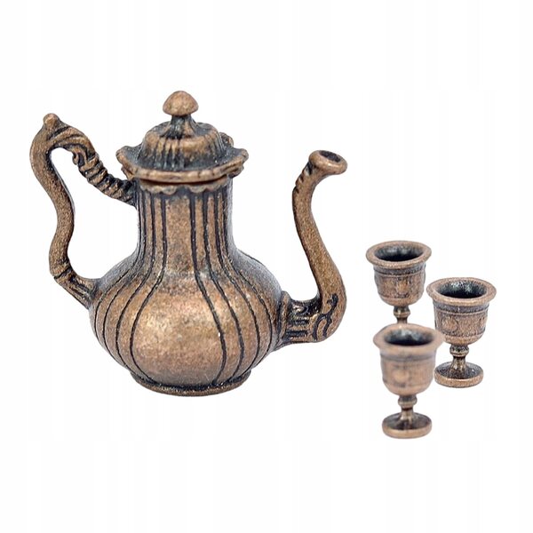 1:12 Miniatur-Set mit Teekanne und 3 Metallbechern für Dioramen und Modellbau