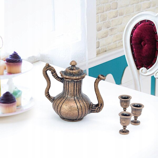 1:12 Miniatur-Set mit Teekanne und 3 Metallbechern für Dioramen und Modellbau