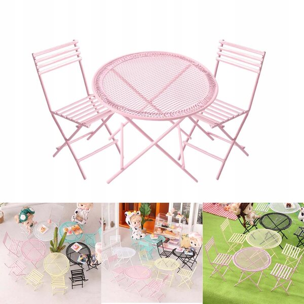 Set miniaturizzato tavolo e sedie in ferro per casa delle bambole 1:12 rosa