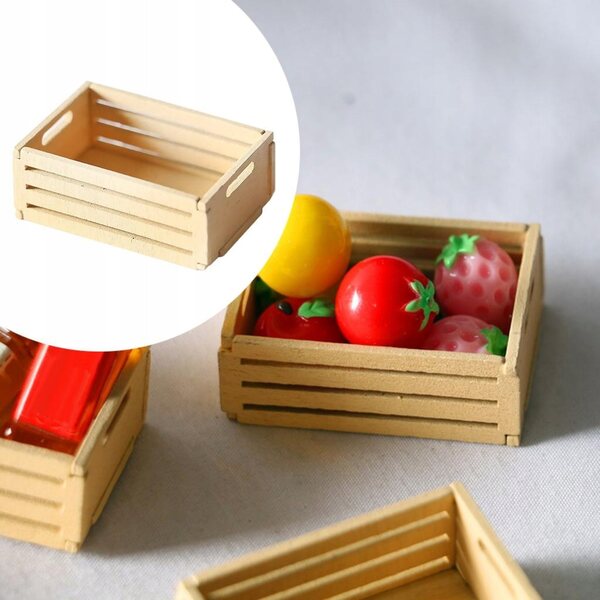 Mini Cesto in Legno con Frutta e Verdura per Casa delle Bambole 1:12