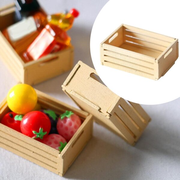 Mini Cesto in Legno con Frutta e Verdura per Casa delle Bambole 1:12