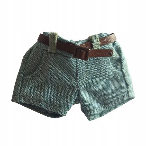 Hellblaue Miniatur-Damenshorts im Maßstab 1:12 für 6-Zoll-Puppen.