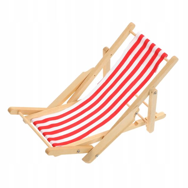Lettino da spiaggia leggero in miniatura in legno con seduta rossa, scala 1:12