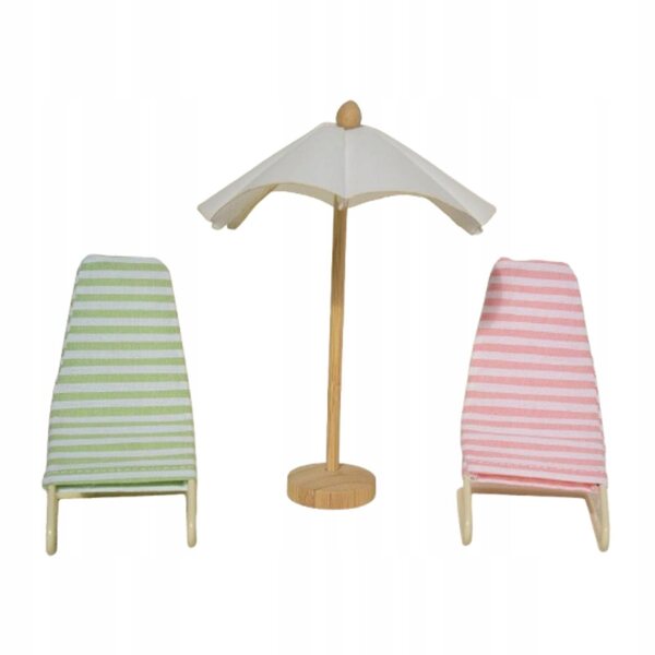 3-teiliges Set 1:12 Puppenhaus-Strandkorb und Sonnenschirm aus Holz