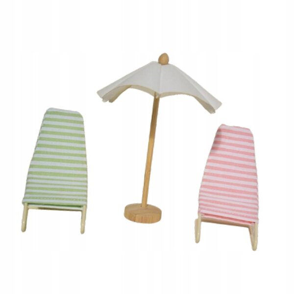 3-teiliges Set 1:12 Puppenhaus-Strandkorb und Sonnenschirm aus Holz