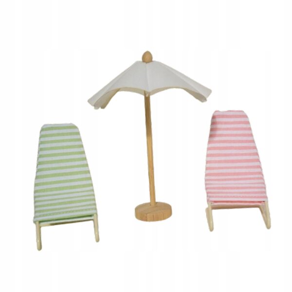 3-teiliges Set 1:12 Puppenhaus-Strandkorb und Sonnenschirm aus Holz