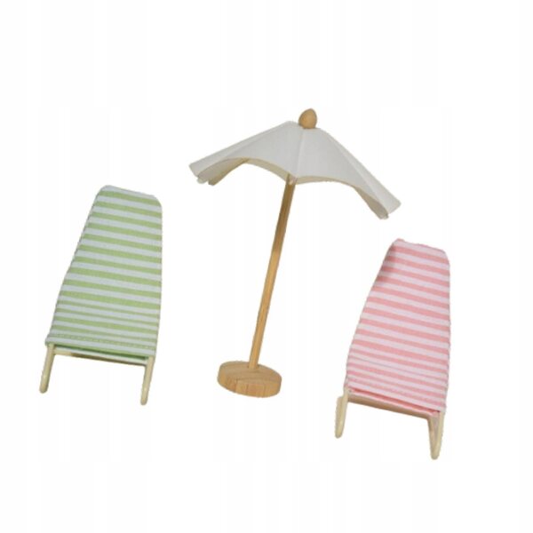 3-teiliges Set 1:12 Puppenhaus-Strandkorb und Sonnenschirm aus Holz